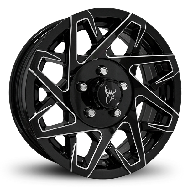 Custom Trailer Wheels in 14x5.5 Inch Gloss Black Milled Edges by Buck Commander Trailer Wheels for All Trailer Types in Pattern 5-Lug 5x4.50 / 5x114.3