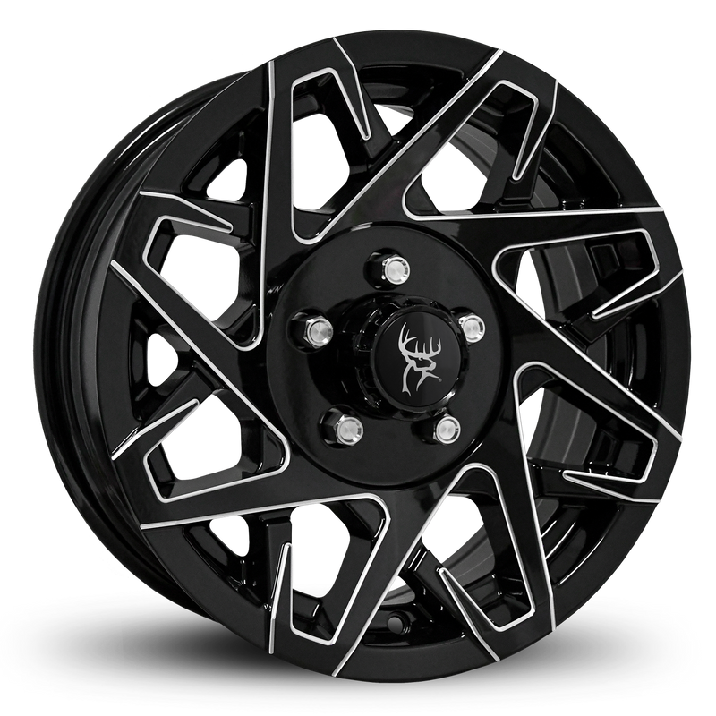 Custom Trailer Wheels in 15x6.0 Inch Gloss Black Milled Edges by Buck Commander Trailer Wheels for All Trailer Types in Pattern 5-Lug 5x4.50 / 5x114.3