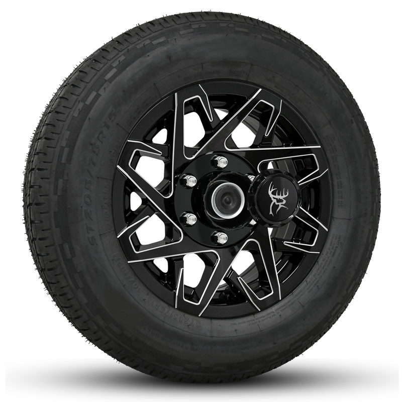 16x6.0 Gloss Black Milled Edges Buck Commander Trailer Wheels Ready Mount Wheel & Tire Packages for All Types of Trailers in Pattern 6-Lug 6x5.50 / 6x139.7	