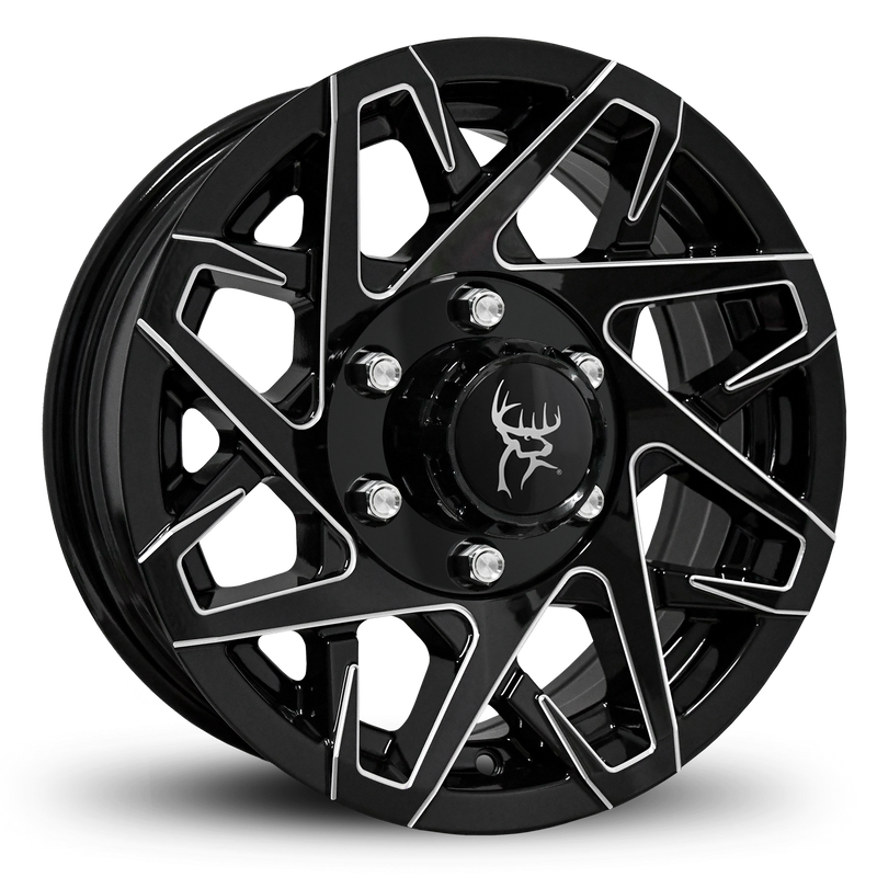 Custom Trailer Wheels in 16x6.0 Inch Gloss Black Milled Edges by Buck Commander Trailer Wheels for All Trailer Types in Pattern 6-Lug 6x5.50 / 6x139.7
