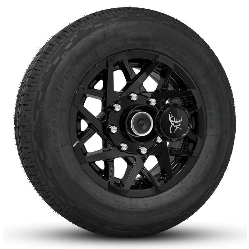 16x6.0 All Gloss Black Buck Commander Trailer Wheels Ready Mount Wheel & Tire Packages for All Types of Trailers in Pattern 8-Lug 8x6.50 / 8x165	