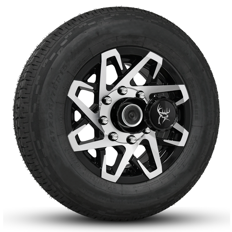 16x6.0 Gloss Black Machined Face Buck Commander Trailer Wheels Ready Mount Wheel & Tire Packages for All Types of Trailers in Pattern 8-Lug 8x6.50 / 8x165