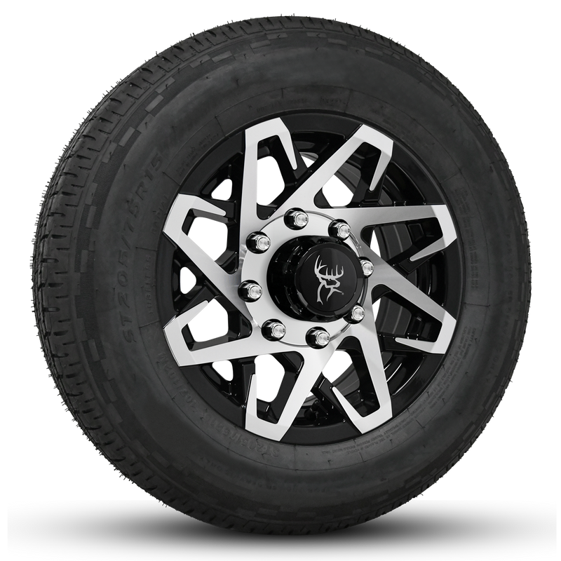16x6.0 Gloss Black Machined Face Buck Commander Trailer Wheels Ready Mount Wheel & Tire Packages for All Types of Trailers in Pattern 8-Lug 8x6.50 / 8x165	