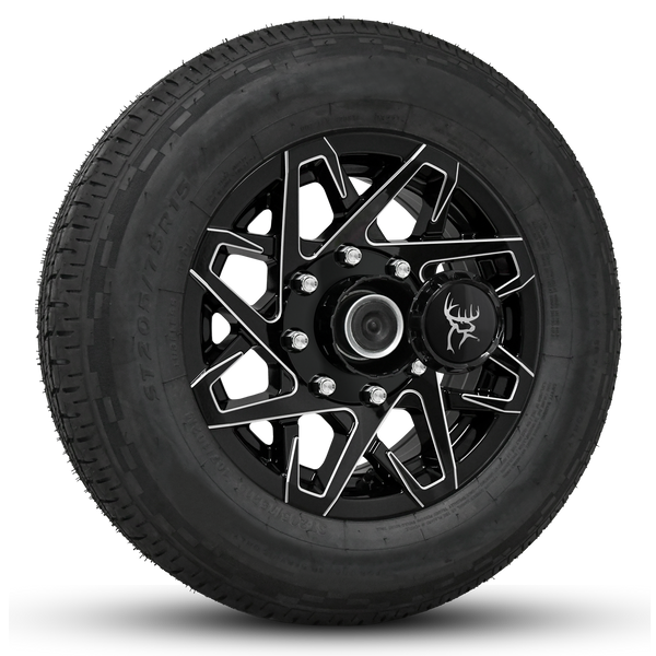 16x6.0 Gloss Black Milled Edges Buck Commander Trailer Wheels Ready Mount Wheel & Tire Packages for All Types of Trailers in Pattern 8-Lug 8x6.50 / 8x165	