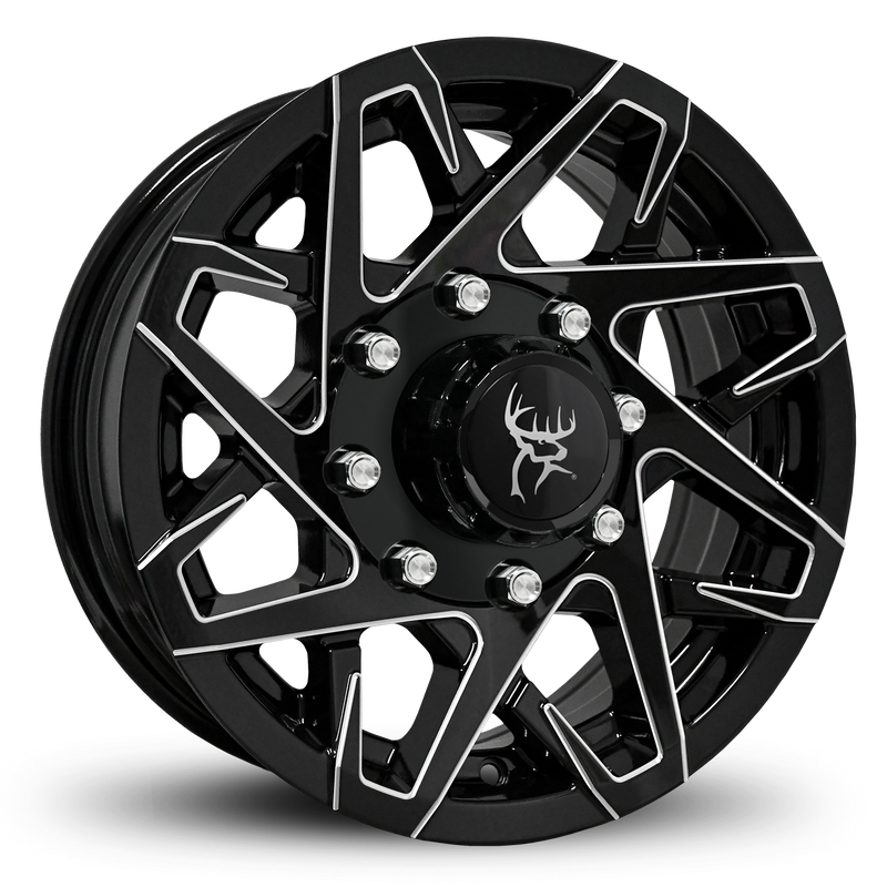 Custom Trailer Wheels in 16x6.0 Inch Gloss Black Milled Edges by Buck Commander Trailer Wheels for All Trailer Types in Pattern 8-Lug 8x6.50 / 8x165