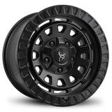 17x9.0 All Satin Black Overland Style VENTURE by Buck Commander® Wheels in 5x114.3, 5x120, 5x127, 5x139.7, & 5x150 for JEEP Wrangler, Gladiator, Honda Pilot, Ridgeline, Land Rover Defender, Lexus GX, Toyota RAV-4, & Tundra.