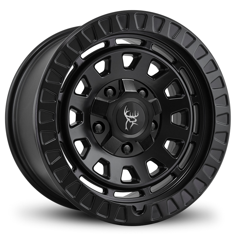17x9.0 All Satin Black Overland Style VENTURE by Buck Commander® Wheels in 5x114.3, 5x120, 5x127, 5x139.7, & 5x150 for JEEP Wrangler, Gladiator, Honda Pilot, Ridgeline, Land Rover Defender, Lexus GX, Toyota RAV-4, & Tundra.