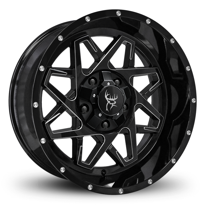 20x10.0 CALIBER 8-Spoke Directional Off-Road Wheel Rim by Buck Commander® Wheel Rims in Gloss Black with Milled Edges for Off-Road for 5 Lug JEEP Wrangler, Gladiator, & RAM 1500 Trucks & SUV's