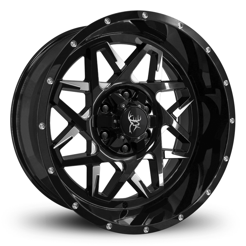 20x10.0 CALIBER 8-Spoke Directional Off-Road Wheel Rim by Buck Commander® Wheel Rims in Gloss Black with Milled Face for Off-Road for 6-Lug Chevy, Ford, GMC, RAM, & Toyota Trucks & SUV's