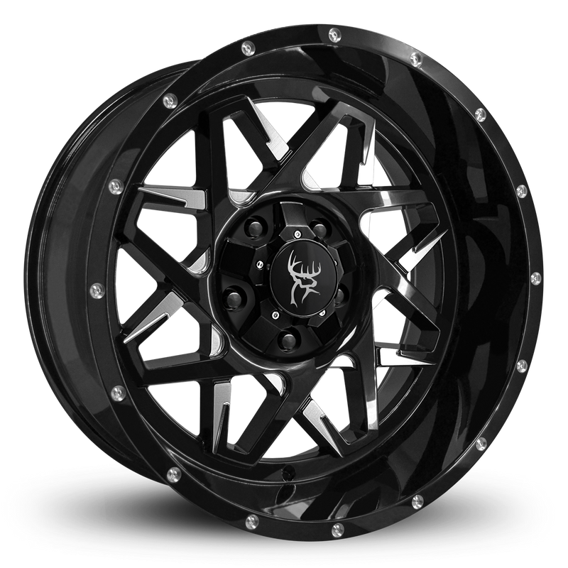 20x10.0 CALIBER 8-Spoke Directional Off-Road Wheel Rim by Buck Commander® Wheel Rims in Gloss Black with Milled Face for Off-Road for 5 Lug JEEP Wrangler, Gladiator, & RAM 1500 Trucks & SUV's