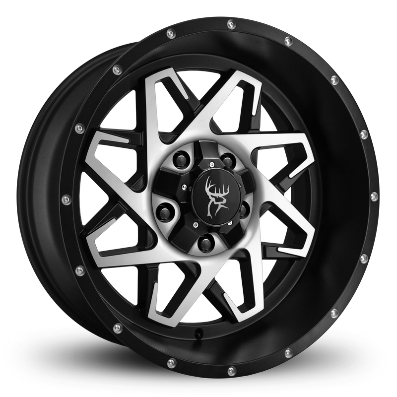 20x10.0 CALIBER 8-Spoke Directional Off-Road Wheel Rim by Buck Commander® Wheel Rims in Satin Black Machined Face with M for Off-Road for 5 Lug JEEP Wrangler, Gladiator, & RAM 1500 Trucks & SUV's