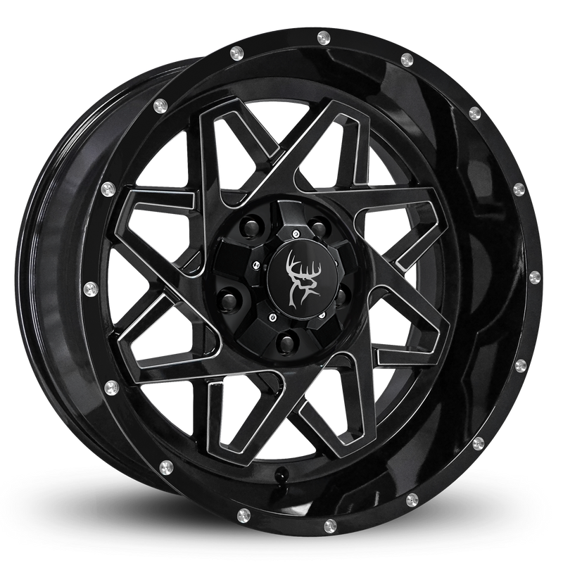 20x10.0 CANYON 8-Spoke Directional Off-Road Rim by Buck Commander® Wheels in Gloss Black with Milled Edges for Off-Road for 5 Lug JEEP Wrangler, Gladiator, RAM 1500, & Toyota Trucks & SUV's