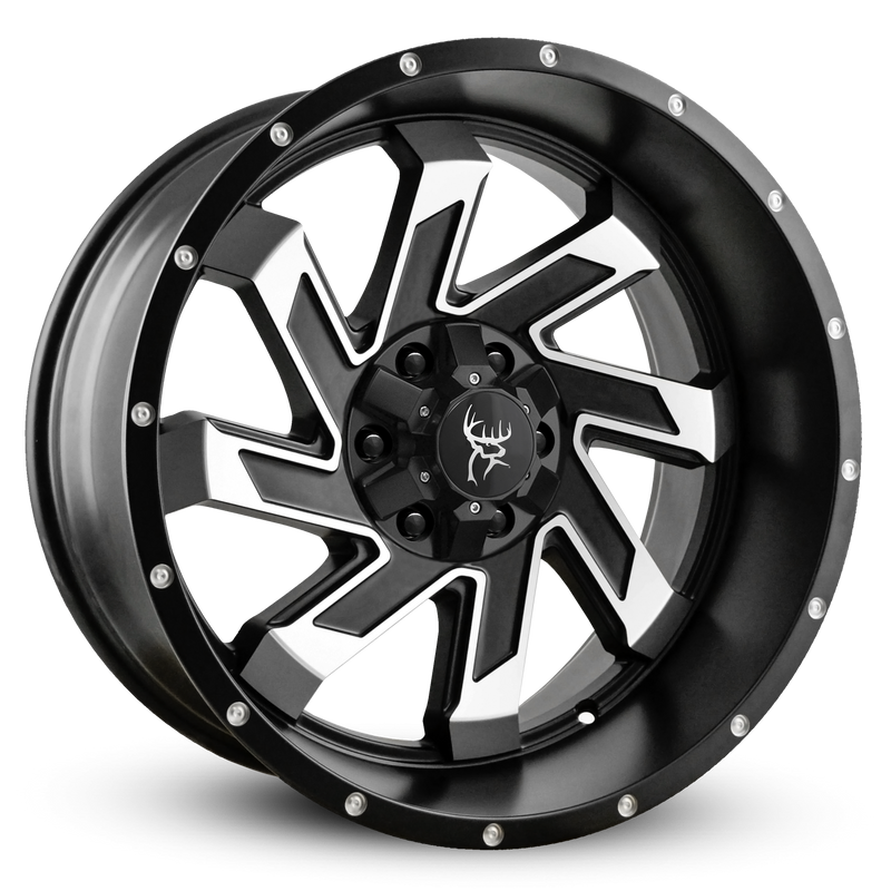 20x10.0 SAW 8-Spoke Twisted Directional Blade Style Off-Road Rim by Buck Commander® Wheels in Satin Black Machined Face for Off-Road for 6-Lug Chevy Silverado, Ford F-150, GMC Sierra, RAM 1500, & Toyota Trucks & SUV's