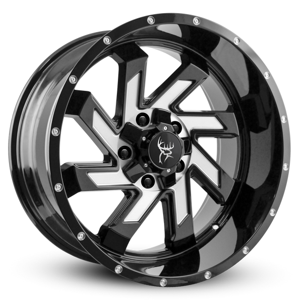 20x10.0 SAW 8-Spoke Twisted Directional Blade Style Off-Road Rim by Buck Commander® Wheels in Gloss Black with Milled Face for Off-Road for 5 Lug JEEP Wrangler, Gladiator, & RAM 1500 Trucks & SUV’s