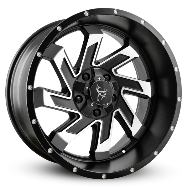 20x10.0 SAW 8-Spoke Twisted Directional Blade Style Off-Road Rim by Buck Commander® Wheels in Satin Black Machined Face for Off-Road for 5 Lug JEEP Wrangler, Gladiator, & RAM 1500 Trucks & SUV’s