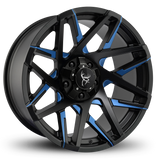 20x10.0 CANYON 8-Spoke Directional Off-Road Wheel Rim by Buck Commander® Wheels in Gloss Black with Milled Face with Blue Color Clear for Off-Road for 5 Lug JEEP Wrangler, Gladiator, RAM 1500, & Toyota Tundra Trucks & SUV's