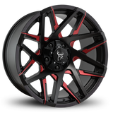 20x10.0 CANYON 8-Spoke Directional Off-Road Wheel by Buck Commander® Wheels in Gloss Black with Milled Face with Red Color Clear for Off-Road for 5 Lug JEEP Wrangler, Gladiator, RAM 1500, & Toyota Tundra Trucks & SUV's