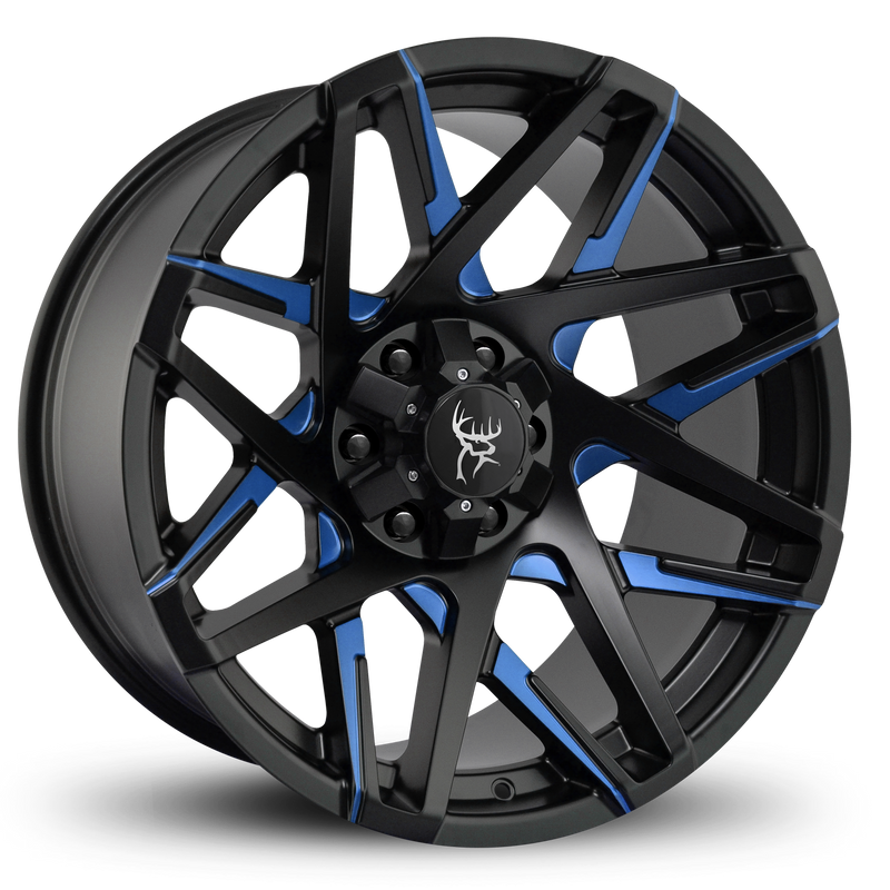 20x9.0 & 20x10.0 CANYON 8-Spoke Directional Off-Road Wheel Rim by Buck Commander® Wheels in Gloss Black with Milled Face w Blue Color Clear for Off-Road for 6-Lug Chevy, Ford, GMC, RAM, & Toyota Trucks & SUV's