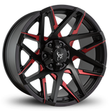 20x9.0 & 20x10.0 CANYON 8-Spoke Directional Off-Road Wheel Rim by Buck Commander® Wheels in Gloss Black with Milled Face w Red Color Clear for Off-Road for 6-Lug Chevy, Ford, GMC, RAM, & Toyota Trucks & SUV's