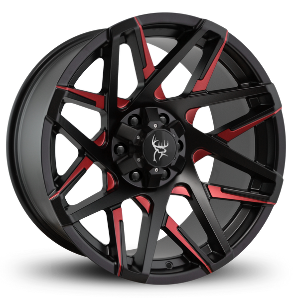 20x9.0 & 20x10.0 CANYON 8-Spoke Directional Off-Road Wheel Rim by Buck Commander® Wheels in Gloss Black with Milled Face w Red Color Clear for Off-Road for 6-Lug Chevy, Ford, GMC, RAM, & Toyota Trucks & SUV's