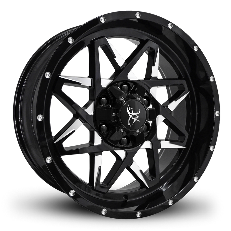 20x9.0 CALIBER 8-Spoke Directional Off-Road Wheel Rim by Buck Commander® Wheel Rims in Gloss Black with Milled Face for Off-Road for 6-Lug Chevy, Ford, GMC, RAM, & Toyota Trucks & SUV's