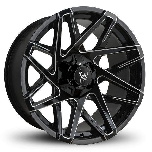 20x9.0 CANYON 8-Spoke Directional Off-Road Wheel Rim by Buck Commander® Wheels in Gloss Black with Milled Edges for Off-Road for 6-Lug Chevy 6x120, Ford, GMC, RAM, & Toyota Trucks & SUV's