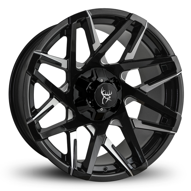 20x9.0 CANYON 8-Spoke Directional Off-Road Wheel Rim by Buck Commander® Wheels in Gloss Black with Milled Face for Off-Road for 6-Lug Chevy 6x120, Ford, GMC, RAM, & Toyota Trucks & SUV's