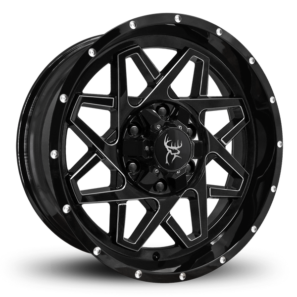 20x9.0 GRIDLOCK 8-Spoke Directional Off-Road Wheel Rim by Buck Commander® Wheels in Gloss Black Milled Edges for Off-Road for 6-Lug Chevy, Ford, GMC, RAM, & Toyota Trucks & SUV's