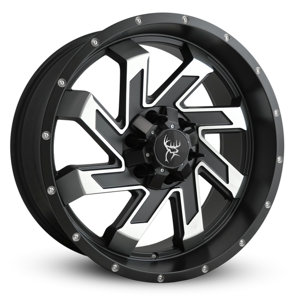 20x9.0 SAW 8-Spoke Twisted Directional Blade Style Off-Road Rim by Buck Commander® Wheels in Satin Black Machined Face for Off-Road for 6-Lug Chevy Silverado, Ford F-150, GMC Sierra, RAM 1500, & Toyota Trucks & SUV's