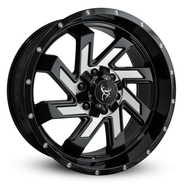 20x9.0 SAW 8-Spoke Twisted Directional Blade Style Off-Road Rim by Buck Commander® Wheels in Gloss Black with Milled Face for Off-Road for 6-Lug Chevy Silverado, Ford F-150, GMC Sierra, RAM 1500, & Toyota Trucks & SUV's