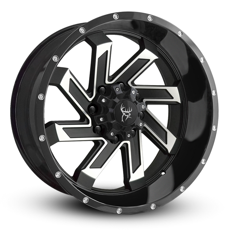 22x10.0 SAW 8-Spoke Twisted Directional Blade Style Off-Road Rim by Buck Commander® Wheels in Satin Black Machined Face for Off-Road for 8-Lug Chevy Silverado 2500, 3500 & GMC Sierra 2500, 3500
