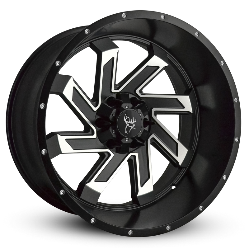 22x12.0 SAW 8-Spoke Twisted Directional Blade Style Off-Road Rim by Buck Commander® Wheels in Satin Black Machined Face for Off-Road for 6-Lug Chevy Silverado, Ford F-150, GMC Sierra, RAM 1500, & Toyota Trucks & SUV's
