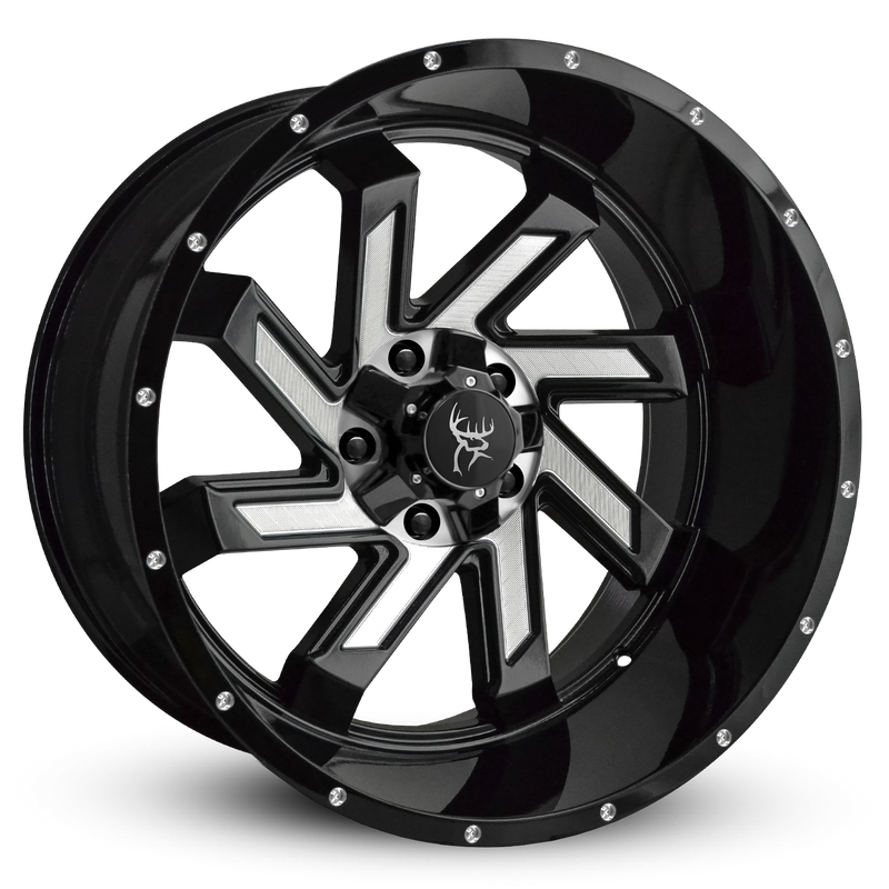 22x12.0 SAW 8-Spoke Twisted Directional Blade Style Off-Road Rim by Buck Commander® Wheels in Gloss Black with Milled Face for Off-Road for 5 Lug JEEP Wrangler, Gladiator, & RAM 1500 Trucks & SUV’s