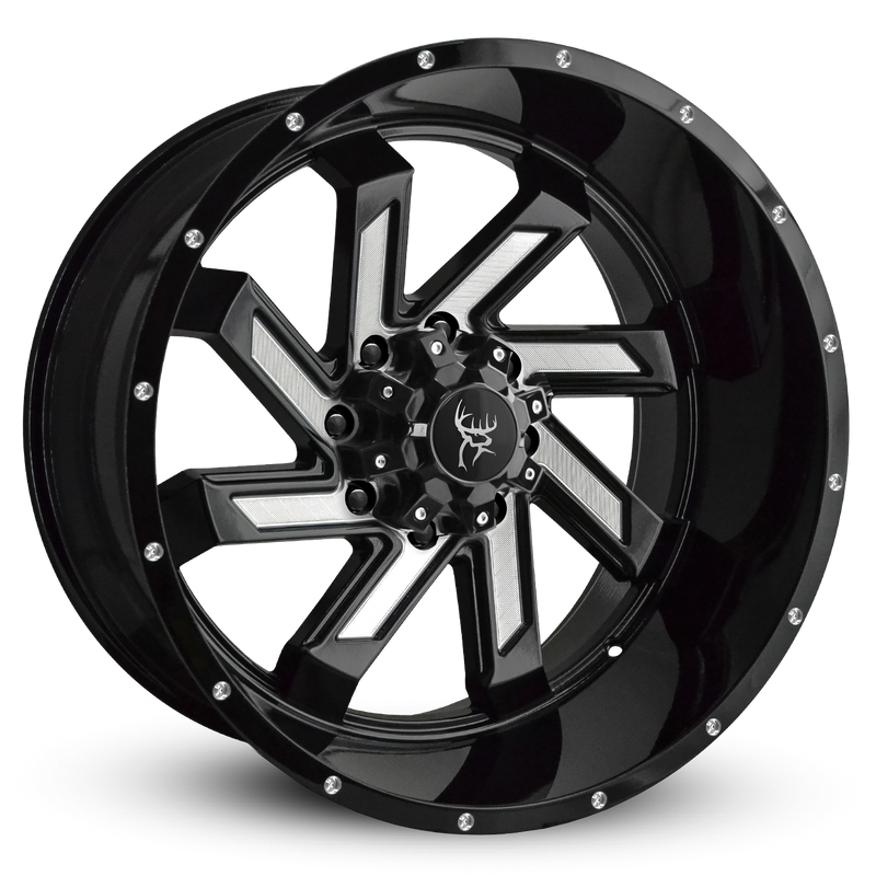 22x12.0  SAW 8-Spoke Twisted Directional Blade Style Off-Road Rim by Buck Commander® Wheels in Gloss Black with Milled Face for Off-Road for 8-Lug Chevy Silverado 2500, 3500, Ford F-250 & F-350 Super Duty, & GMC Sierra 2500, 3500.